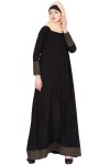 Elegant Abaya with golden geometric patterns on sleeves and bottom