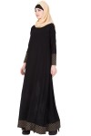 Elegant Abaya with golden geometric patterns on sleeves and bottom