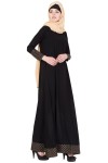 Elegant Abaya with golden geometric patterns on sleeves and bottom