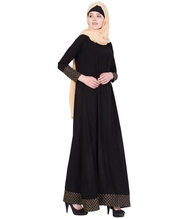 Elegant Abaya with golden geometric patterns on sleeves and bottom